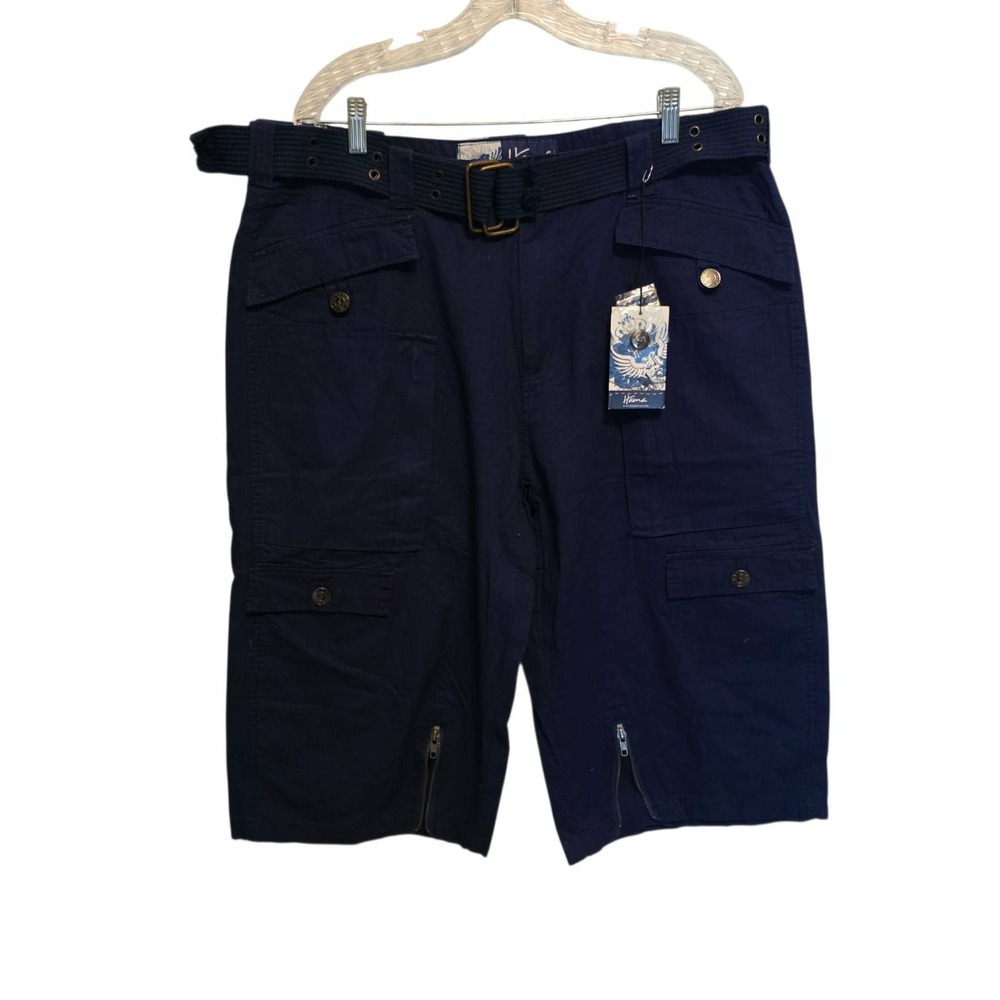 Vintage Hama Cargo Shorts Skater Baggy Combat Navy Blue Belted 36/18 NWT NEW